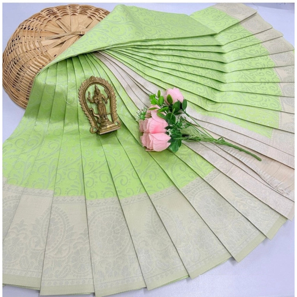 Pista Green 3D embroidered soft silk saree with unstitched blouse (5.5mtr) on mannequin