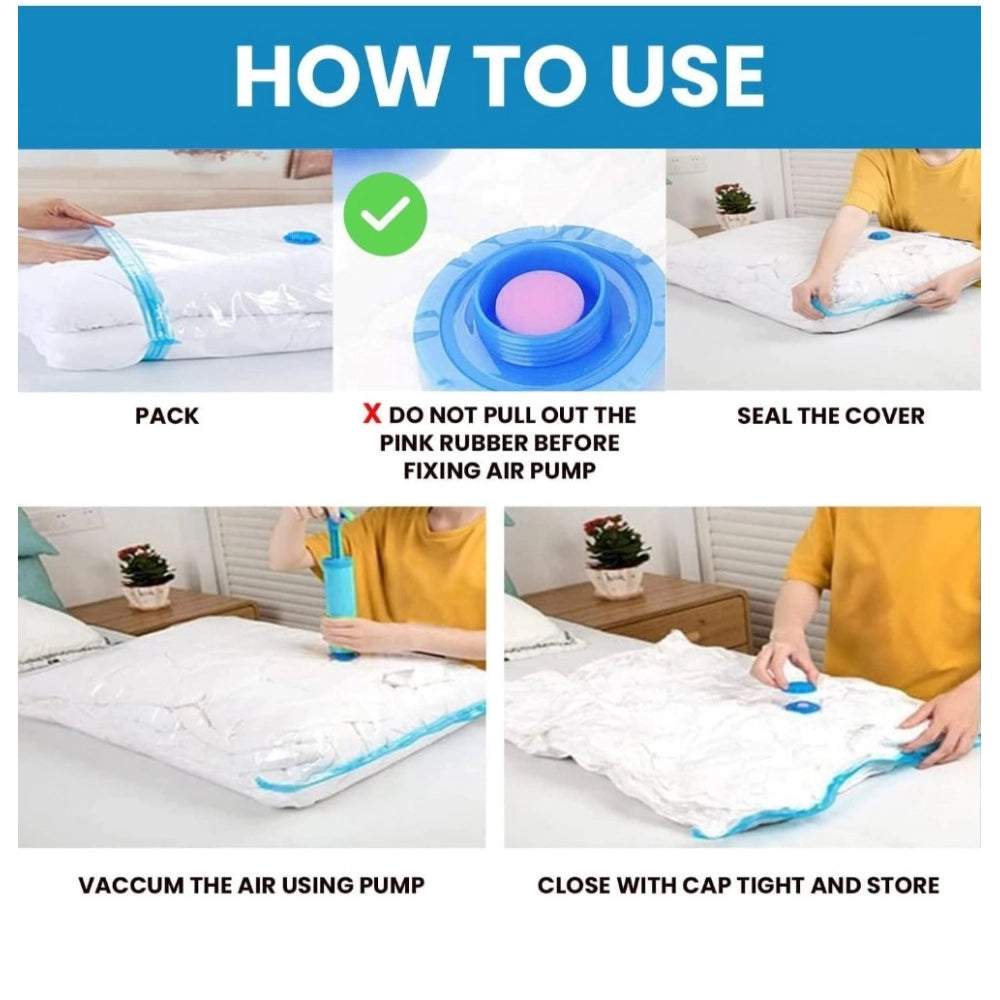 Plastic vacuum storage bags with hand pump for compressing clothes, bedding, and blankets. Efficiently save space in closets, drawers, and luggage. Color may vary