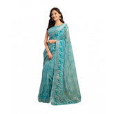 Aqua Blue faux linen printed ready-to-wear saree with unstitched blouse, vibrant design on display