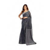 Black faux linen printed ready-to-wear saree with unstitched blouse, 5.5 mtr (close-up)