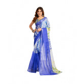 Blue faux linen printed ready-to-wear saree with unstitched blouse, 5.5 mtr length for women's fashion
