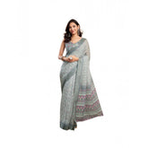 Grey faux-linen printed ready-to-wear saree with unstitched blouse (5.5mtr)