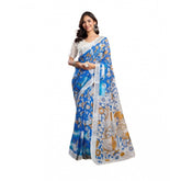 Blue faux linen printed ready-to-wear saree with unstitched blouse, vibrant design on 5.5m fabric