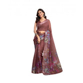 Brown faux linen printed ready-to-wear saree with unstitched blouse (5.5mtr), women's ethnic wear