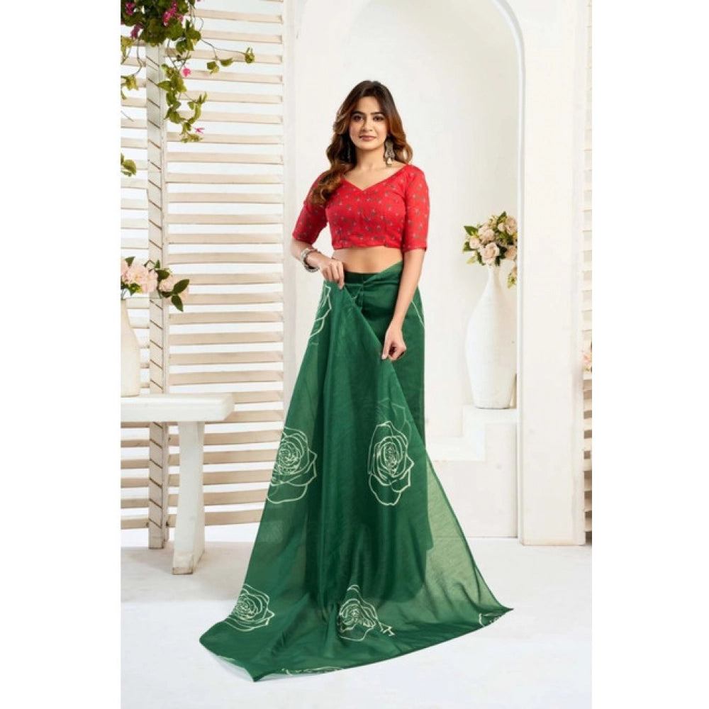 Dark green faux linen printed ready-to-wear saree with unstitched blouse (5.5 mtr), traditional Indian apparel on display
