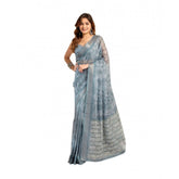 Light blue faux linen printed ready-to-wear saree with unstitched blouse (5.5 mtr)