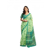Light Green Faux Linen Printed Ready-to-Wear Saree with Unstitched Blouse, 5.5 Mtr on mannequin