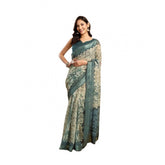 Light grey faux linen printed ready-to-wear saree with unstitched blouse (5.5 mtr)