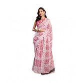 Pink faux linen printed ready-to-wear saree with unstitched blouse (5.5mtr) on mannequin