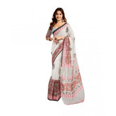 White faux linen printed ready-to-wear saree with unstitched blouse, 5.5mtr (close-up)