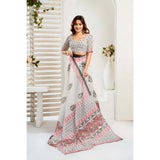 Women's Faux_Linen Printed Ready-to-Wear Saree With Unstitched Blouse 5.5 Mtr (White)