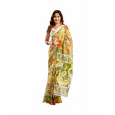 Multicolor faux linen printed ready-to-wear saree with unstitched blouse (5.5 mtr), showcasing vibrant patterns