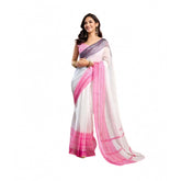 Off-white faux linen printed ready-to-wear saree with unstitched blouse, vibrant floral design on display