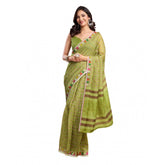 Olive faux linen printed ready-to-wear saree with unstitched blouse, vibrant pattern for women's fashion