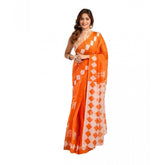 Orange faux linen printed ready-to-wear saree with unstitched blouse, 5.5 mtr length