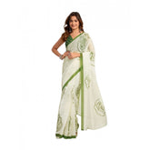 White faux linen printed ready-to-wear saree with unstitched blouse, 5.5 mtr length