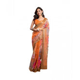 Orange faux linen printed ready-to-wear saree with unstitched blouse, 5.5 mtr length