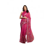 Pink faux linen printed ready-to-wear saree with unstitched blouse (5.5 mtr), vibrant floral pattern on display