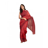 Red faux linen printed ready-to-wear saree with unstitched blouse, vibrant patterns on Indian fabric
