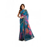 Teal faux linen printed ready-to-wear saree with unstitched blouse, 5.5 mtr (color may vary)