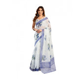White faux linen printed ready-to-wear saree with unstitched blouse, vibrant design on display