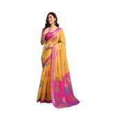 Yellow faux-linen printed ready-to-wear saree with unstitched blouse, vibrant pattern on 5.5 mtr fabric