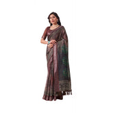 Brown faux linen printed saree with unstitched blouse, 5.5mtr length for women's fashion