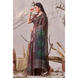 Women's Faux_Linen Printed Saree With Unstitched Blouse 5.5Mtr (Brown)