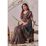 Women's Faux_Linen Printed Saree With Unstitched Blouse 5.5Mtr (Brown)