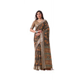 Slate-grey faux linen printed saree with unstitched blouse (5.5mtr), fashionable ethnic wear for women