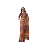 Bronze faux linen printed saree with unstitched blouse (5.5mtr), traditional Indian attire for women