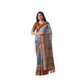 Blue faux linen printed saree with unstitched blouse (5.5Mtr), women's traditional Indian wear
