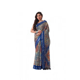 Navy blue faux linen printed saree with unstitched blouse, vibrant design on a 5.5mtr length