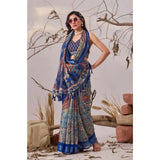 Women's Faux_Linen Printed Saree With Unstitched Blouse 5.5Mtr (Navy_Blue)