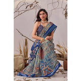 Women's Faux_Linen Printed Saree With Unstitched Blouse 5.5Mtr (Navy_Blue)