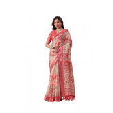 Peach faux linen printed saree with unstitched blouse (5.5Mtr), women's ethnic wear on mannequin