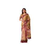 Mustard faux linen printed saree with unstitched blouse, vibrant pattern for Indian women's fashion