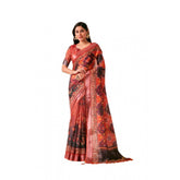 Red faux-linen printed saree with unstitched blouse, vibrant design on display