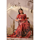 Women's Faux_Linen Printed Saree With Unstitched Blouse 5.5Mtr (Red)