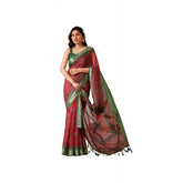Faux Linen maroon printed saree with unstitched blouse, vibrant Indian fashion accessory for women