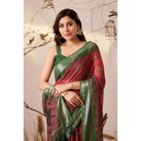 Women's Faux_Linen Printed Saree With Unstitched Blouse 5.5Mtr (Maroon)