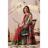 Women's Faux_Linen Printed Saree With Unstitched Blouse 5.5Mtr (Maroon)
