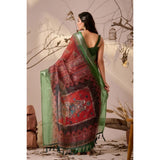 Women's Faux_Linen Printed Saree With Unstitched Blouse 5.5Mtr (Maroon)
