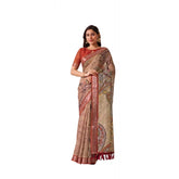 Light beige faux linen printed saree with unstitched blouse, vibrant floral design for traditional Indian wear