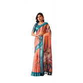 Faux-linen printed peach saree with unstitched blouse (5.5mtr), vibrant design for women's traditional wear