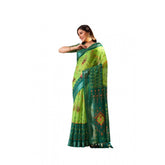 Green faux linen printed saree with unstitched blouse, vibrant floral pattern on display