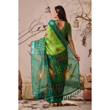 Women's Faux_Linen Printed Saree With Unstitched Blouse 5.5Mtr (Green)