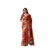 Red faux linen printed saree with unstitched blouse (5.5mtr), close-up of intricate design