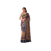 Navy Blue faux linen printed saree with unstitched blouse, vibrant design for women's fashion