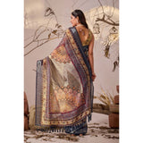Women's Faux_Linen Printed Saree With Unstitched Blouse 5.5Mtr (Navy_Blue)